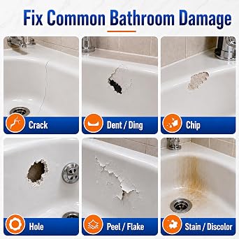 Tub Repair Kit, White, Tub Tips and Tub Repair Kit Enamel, Fiberglass, Acrylic, Porcelain, Patches, Chips, Cracks, Scratches, Rusts, Tub Holes, Resting Toilet, Sinks, Showers, Bathroom Trays