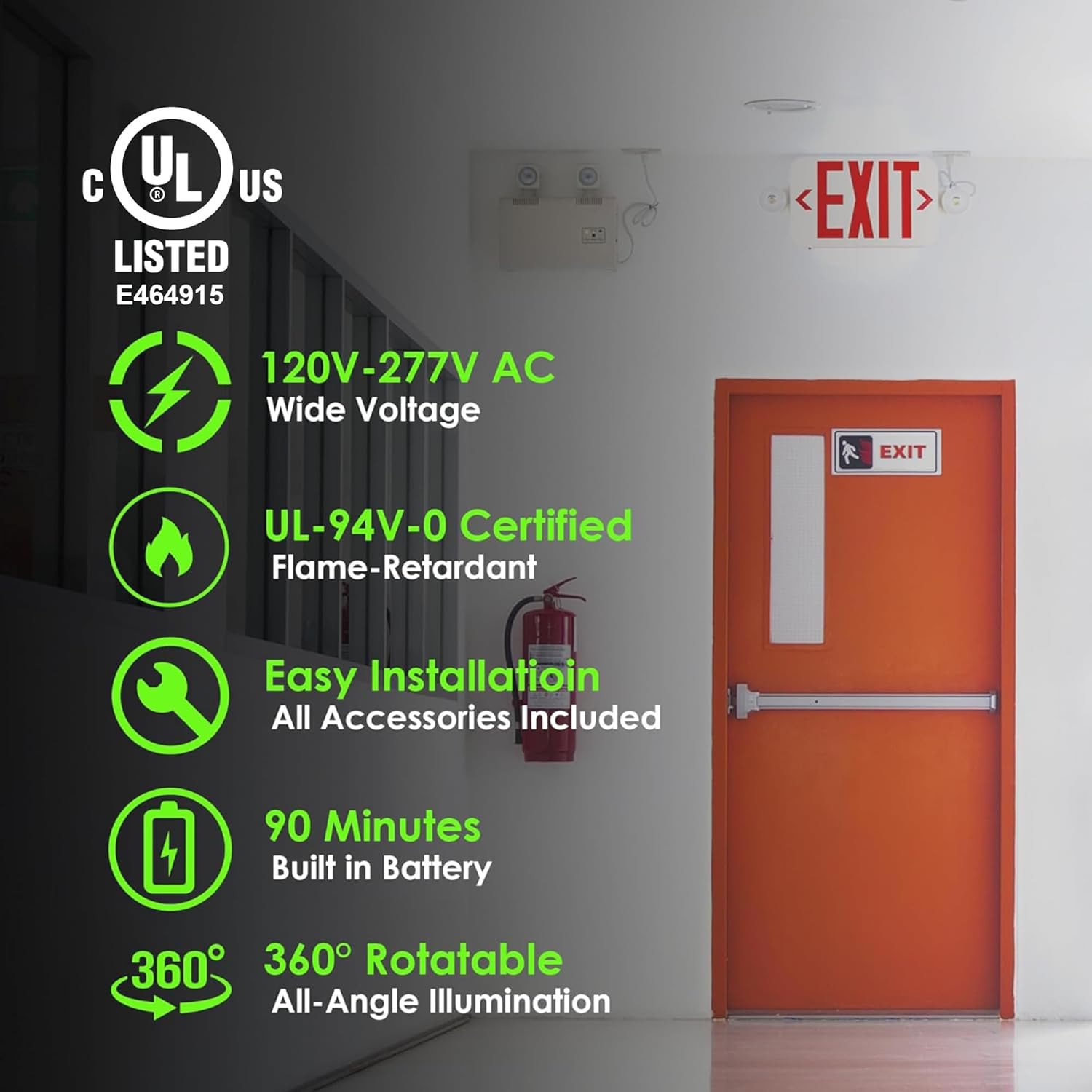 Gruenlich LED Exit Sign Combo with Emergency Lights, Adjustable Heads and Double Sided, Battery Backup, UL 924 Qualified, AC 120-277V, Commercial Emergency Exit Light for Business- 1 Pack