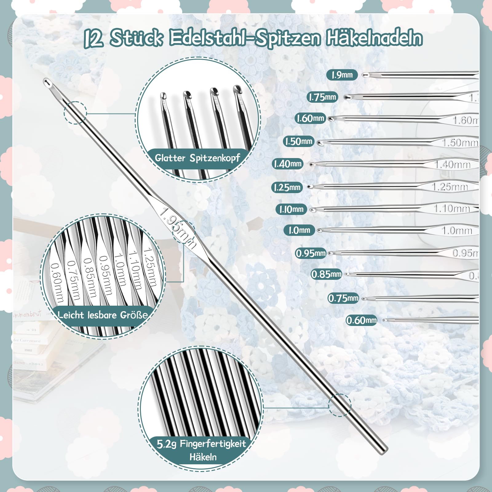 Aeeque Kit Uncinetto 59 Pezzi: Ganci Ergonomici 2-6 Mm E Mini Pizzo 0,6-1,9 Mm Con 5 Gomitoli Lana