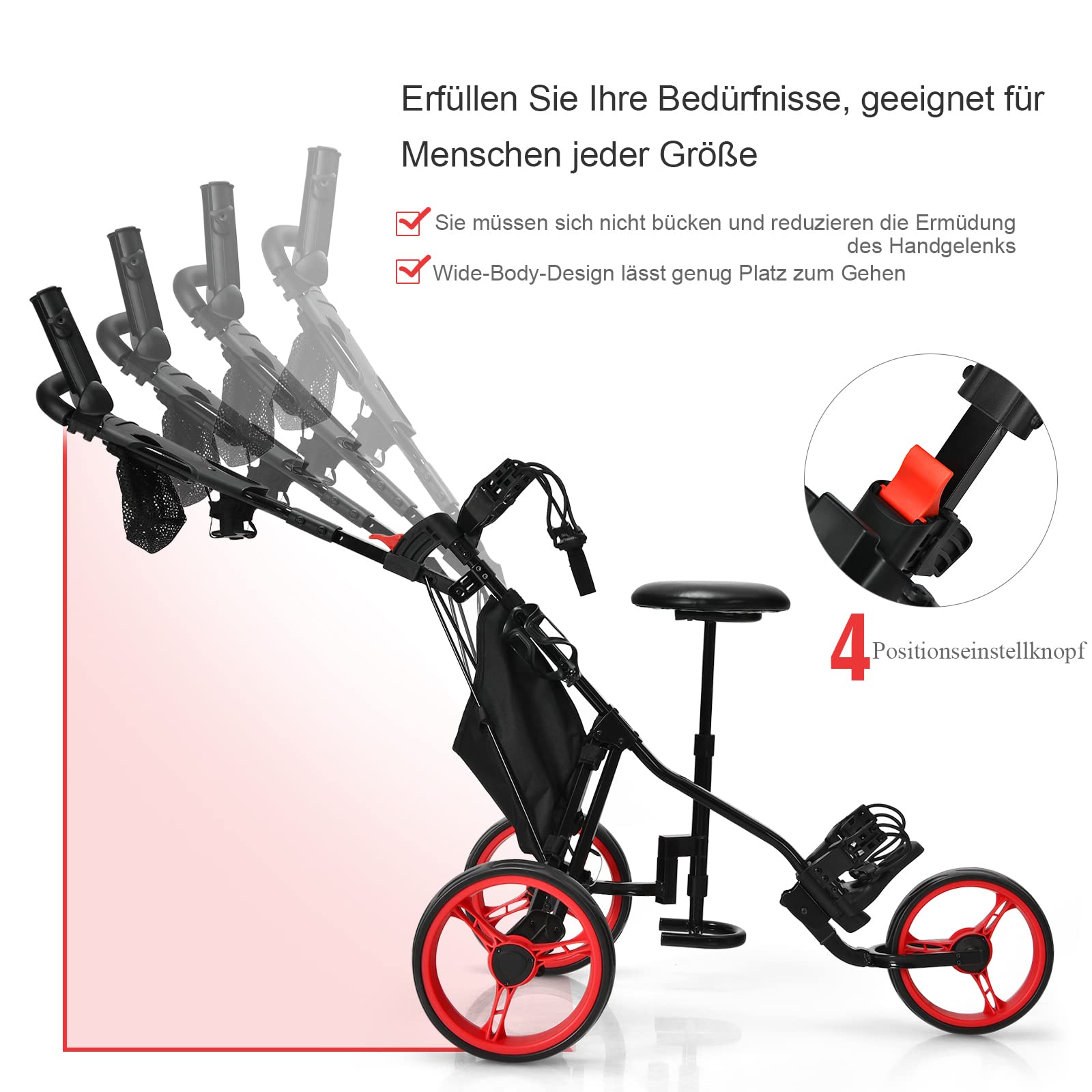 GYMAX Golf Push Trolley klappbar, 3-Rad Golfwagen mit Sitz & Verstellbarer Griff, Golftrolley, Golfcaddy, Golf Push Cart inkl. Scoreboard, Flaschehalter, Schirmhalter & Aufbewahrungstasche