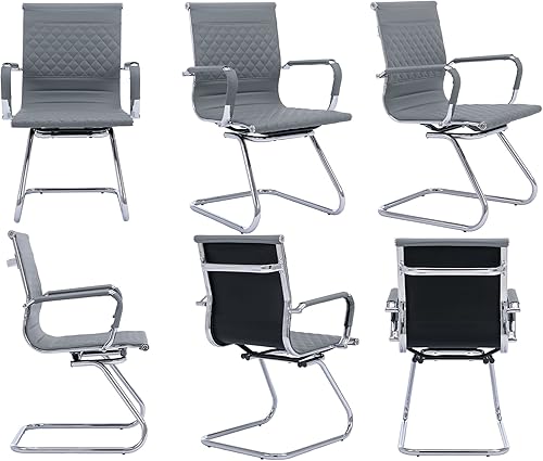 Miniatura 9 de VESCASA Sillas de oficina para invitados con respaldo de diseño de rejilla rómbica, sillas de recepción de piel sintética con brazos para sala de