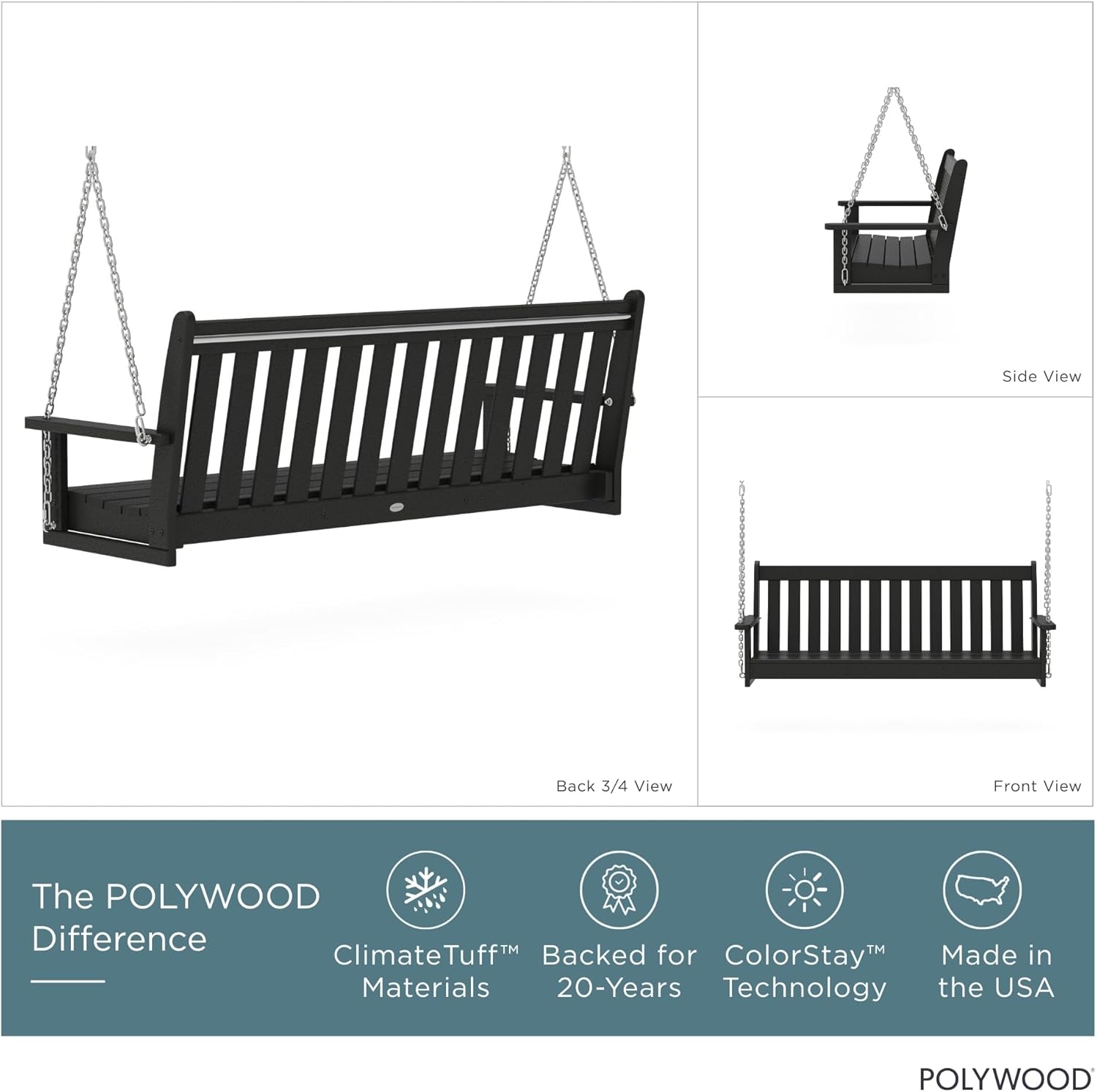 POLYWOOD GNS60BL Vineyard 60" Outdoor Swing, Black
