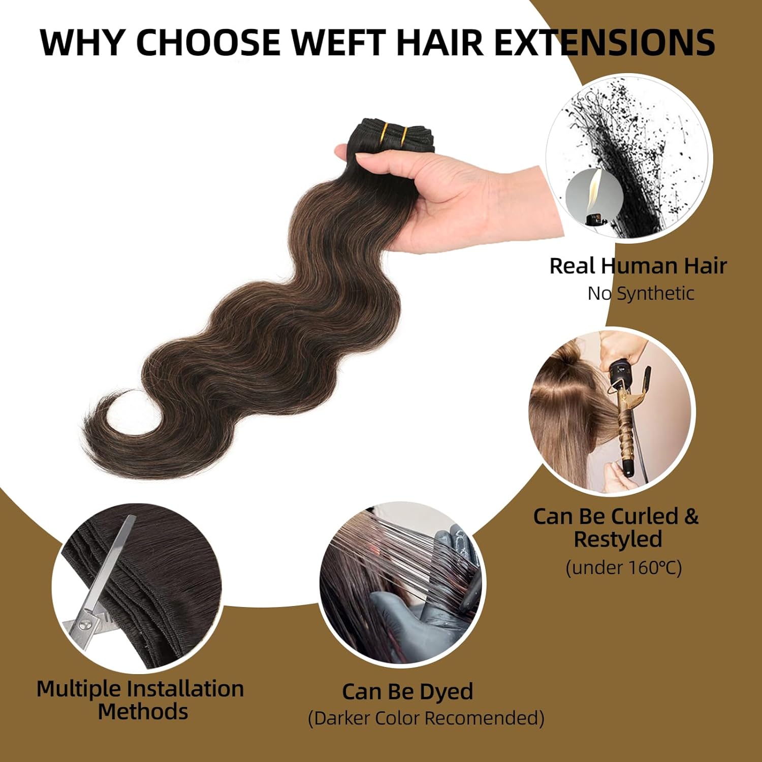 Body Wave Human Hair Extensions Sew in, 16 Inch 110g Double Weft Remy Hair, Natural Black to Chestnut Brown Balayage Weave Bundles Soft Beach Wave Look