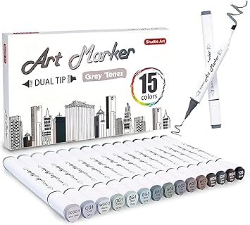 Amazon Shuttle Art イラストマーカーペン 油性ペン グレーカラー 15本セット アートマーカー 防水速乾 コミック用 スケッチ グラデーション 似顔絵 建築デザイン 工業デザイン 油性 文房具 オフィス用品
