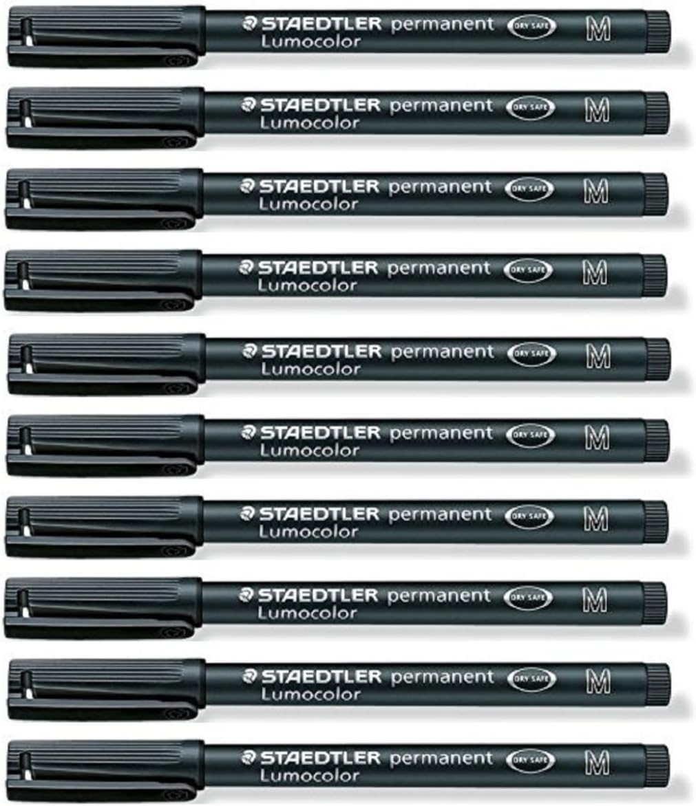 STAEDTLER Lumocolor Black Medium Permanent Marker Pens Pack of 10 Waterproof Smudge Resistant Quick Dry CD DVD OHP