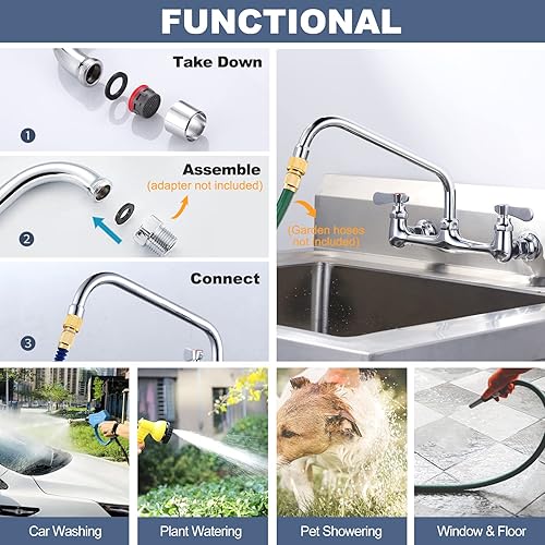 Miniatura 4 de Grifo de fregadero comercial con boquilla giratoria de 10 pulgadas, grifo de cocina de montaje en pared central de 8 pulgadas, grifo de fregadero de