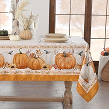 Softalker Autumn Tablecloth Large Size 150 x 300 cm Rectangular Orange Stain-Resistant Pattern Elegant White Jacquard with Pumpkin and Maple Leaf Tablecloths for Autumn Decoration, Birthday