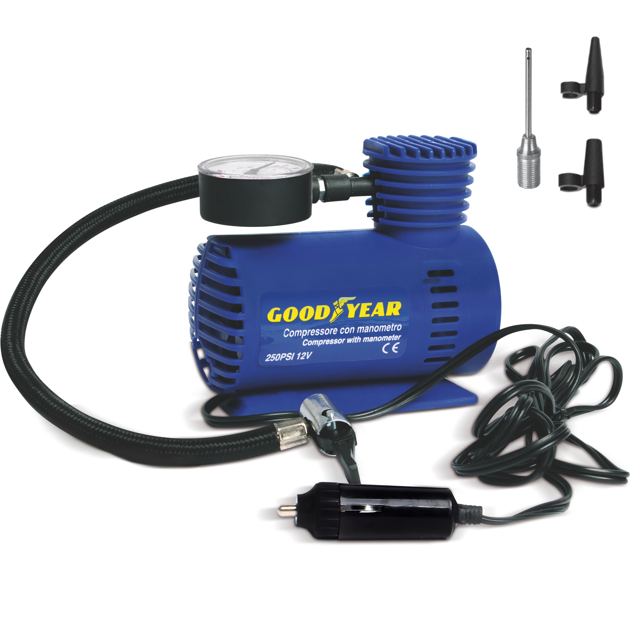 Goodyear Compressore con Manometro 12V 250 PSI, per Auto, Moto, Bici e Attrezzature Sportive, con 4 Accessori inclusi, Attacco Presa Accendisigari, Compressore Portatile