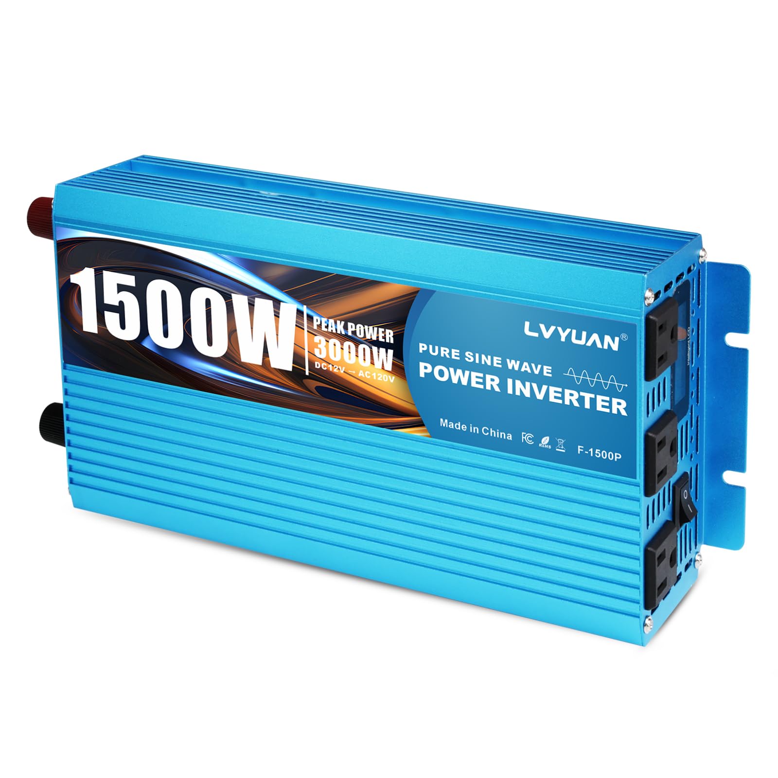 LVYUAN1500 Watt Inverter Pure Sine Wave Inverter 12V to 110V DC to AC with LCD Display, 3 U.S. Outlet, USB Charger Ports, Car Power Inverter for Vehicles, RV, Outdoor, Home