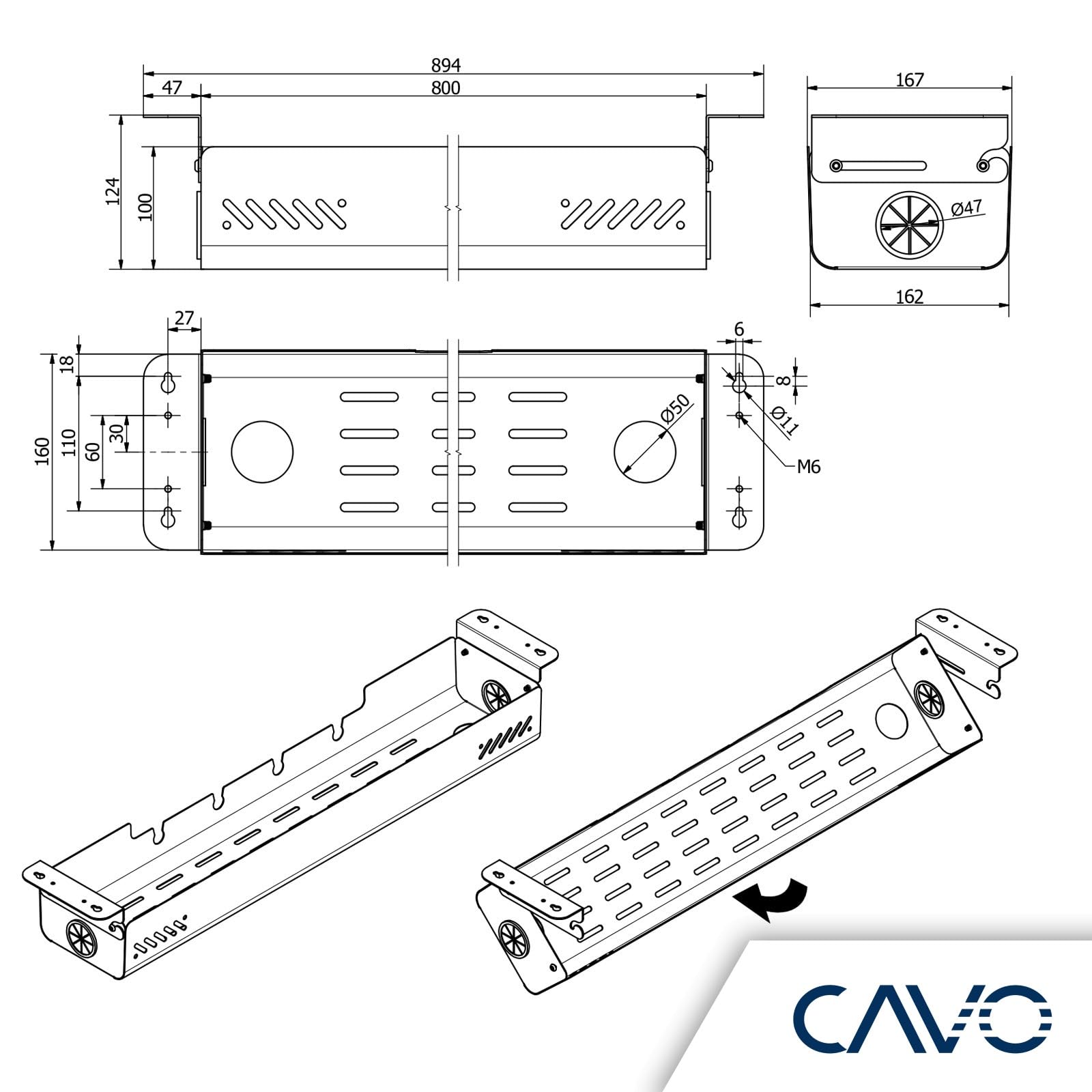 Canaleta para Cables CAVO 894 x 167 x 124 mm, Horizontal, Negro Mate, abatible