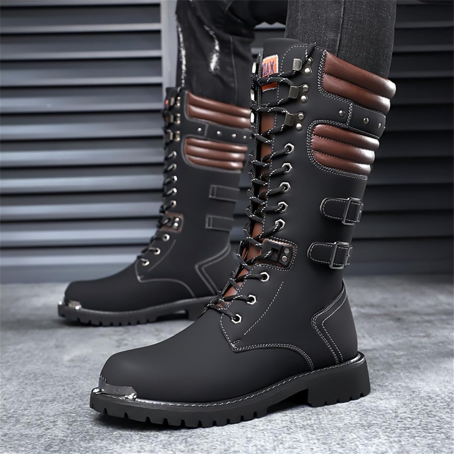 Men's Leather High Top Lace Up Motorcycle Boots Mid-Calf Military Tactical Combat Boot Buckle British Metal Biker Riding Punk Rock Backpacking Shoes