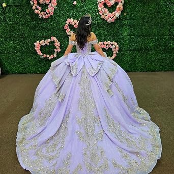 Mouccy Glitter Beaded Quinceanera Dresses with Train Off Shoulder Lace Sweet 16 Dresses Rhinestone Gold Appliques Ball Gown