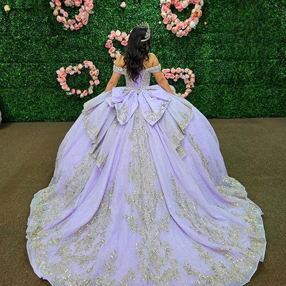 Mouccy Glitter Beaded Quinceanera Dresses with Train Off Shoulder Lace Sweet 16 Dresses Rhinestone Gold Appliques Ball Gown