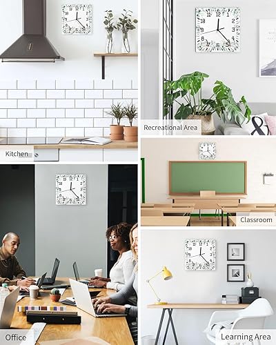 Miniatura 5 de Thanksgiving Wooden Wall Clock Silent Non Ticking, White Pumpkins Watercolor Eucalyptus Laves Fall Square Wall Clock Battery Operated, Decor Clock