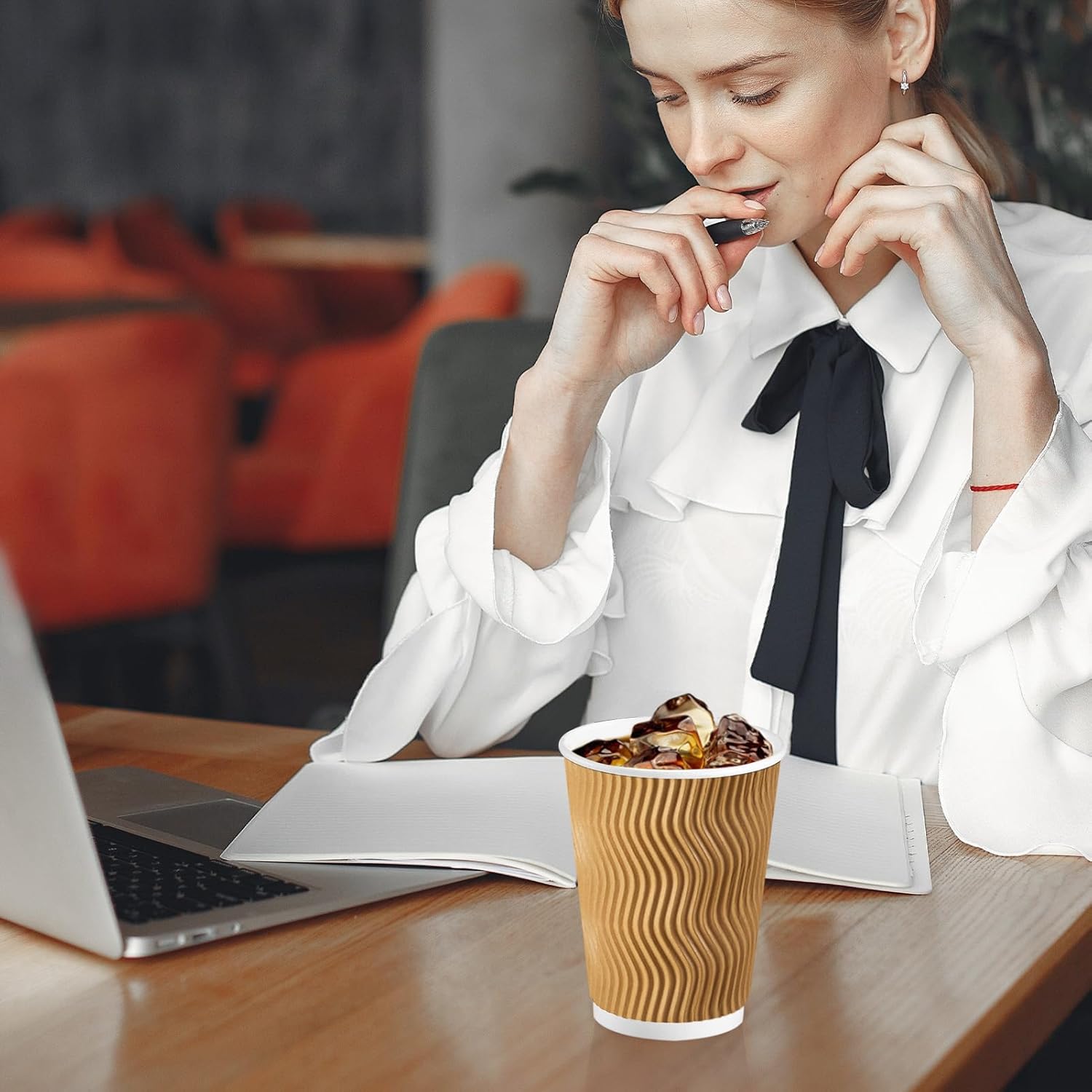 Lamosi Disposable Coffee Cups 12 OZ 100 Pack, Paper Coffee Cups 12 OZ for Hot Drinks or Cold Beverages, Insulated Corrugated Ripple Wall Cup No Lids for Office, Cafe, Home or Travel (Champagne) - Image 4