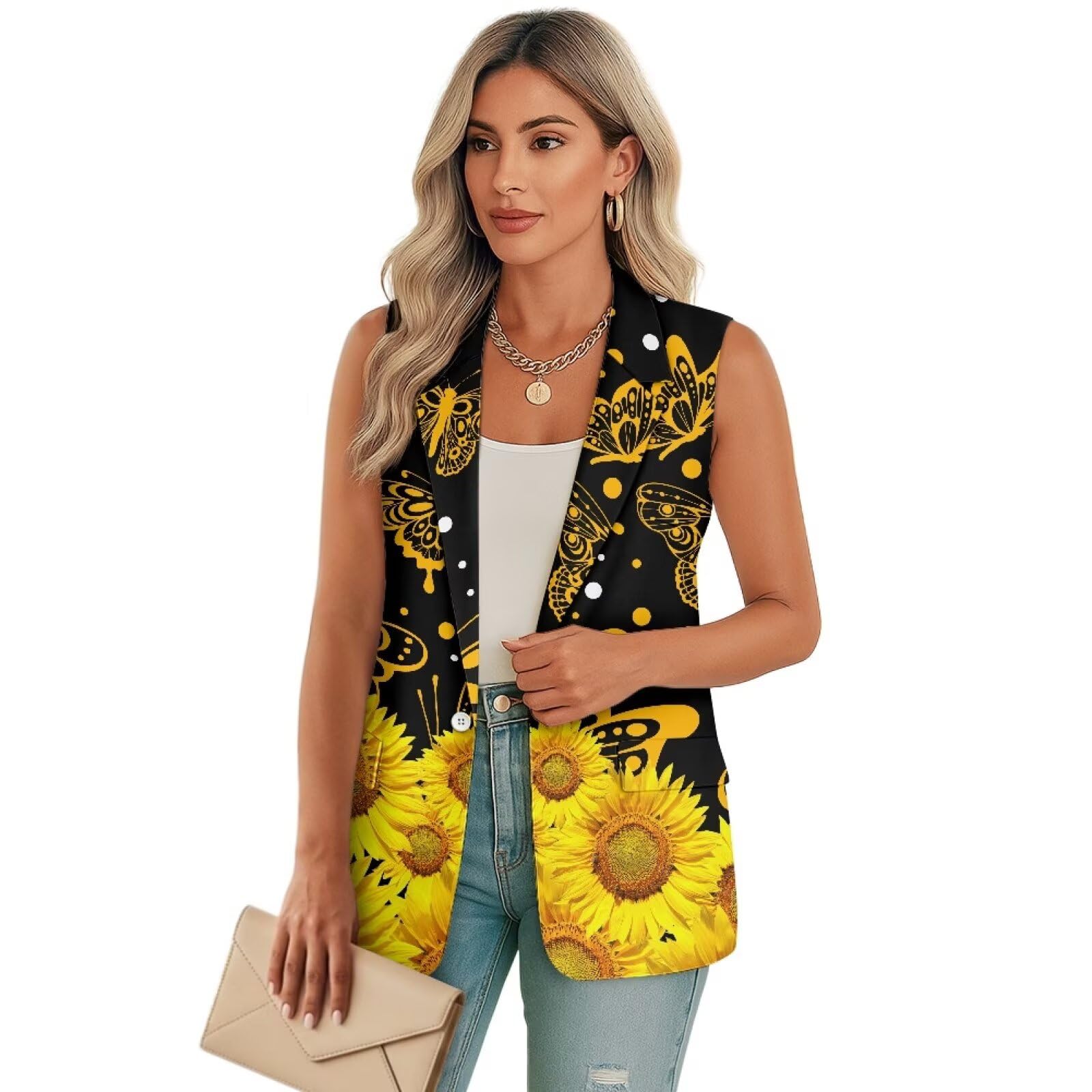 Womens Fashion Casual Blazers Open Front Sleeveless Suit One Button Lightweight Jackets Blazer S-5XL