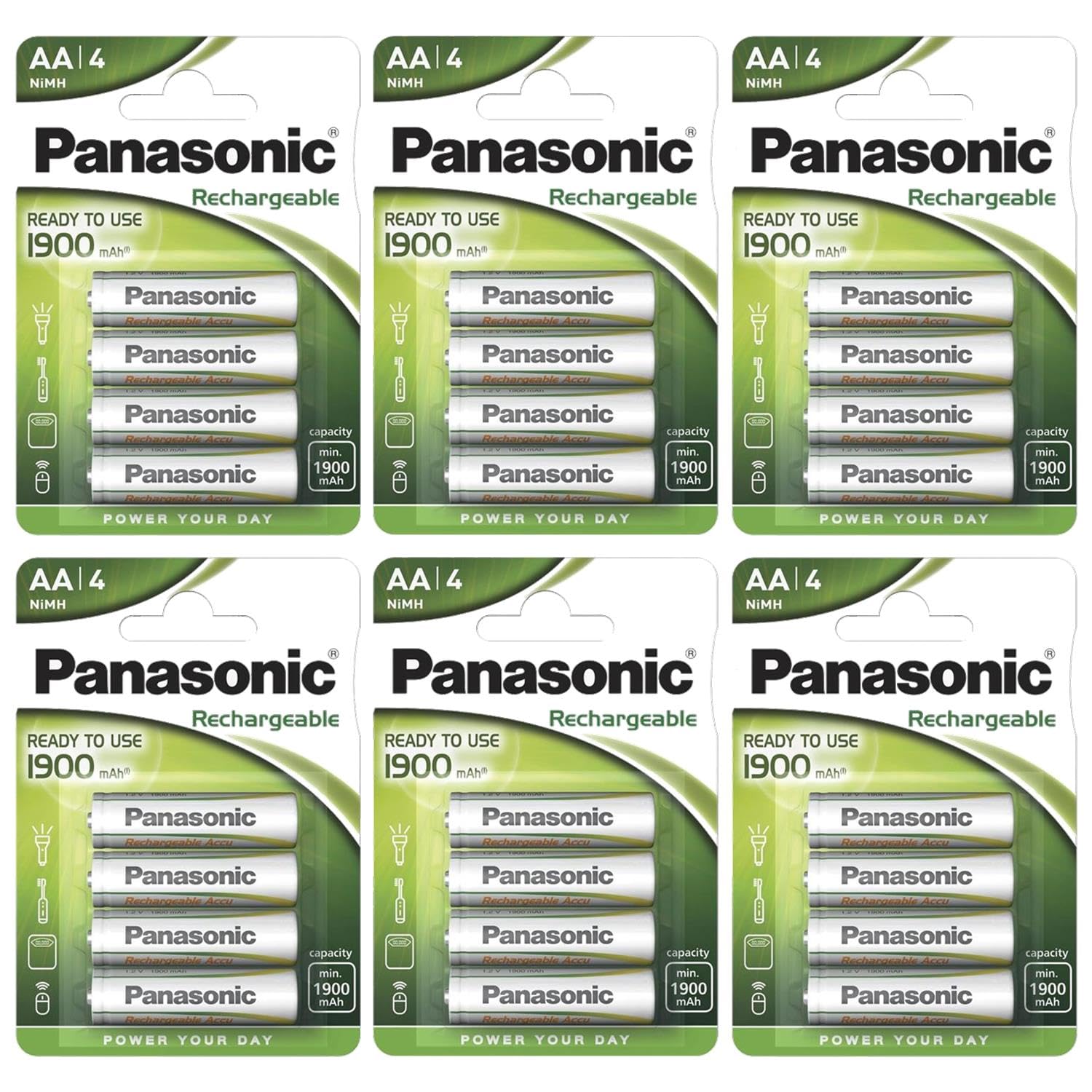 PANASONIC - Lote de 6 ampollas de 4 pilas recargables NiMH Mignon AA 1900 mAh Ready to Use
