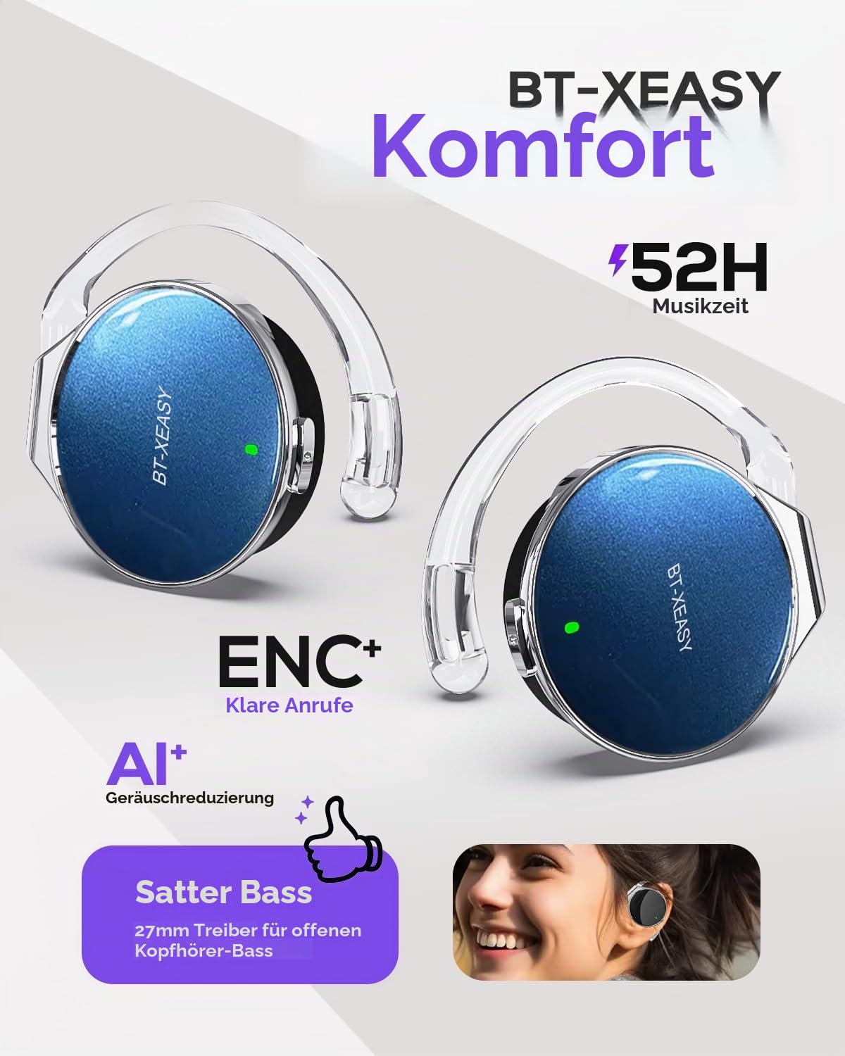 Micool On Ear Kopfhörer Bluetooth 5.4, Open Ear Kopfhörer Kabellos Bluetooth Geräuschunterdrückung, Wassertropfenförmiges Clip On Sport Headset-Bluetooth mit 4 Mikrofon, Comfort Fit Ohrhaken Ohrhörer