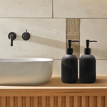 2 Pack Glass Soap Dispenser Bottle with Pump, 14 Oz Refillable Liquid Hand Jar Dispenser for Bathroom, Countertop, Kitchen, Laundry Room (Black)
