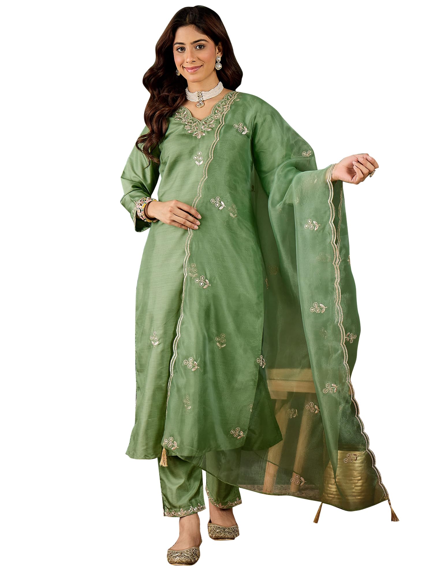 VredeVogel Women's Ethnic Wear Embroidered Silk Blend Kurta Pant Set with Organza Dupatta | Festive & Casual Summer Kurti with Pants for Party Office & Ethnic Occasions