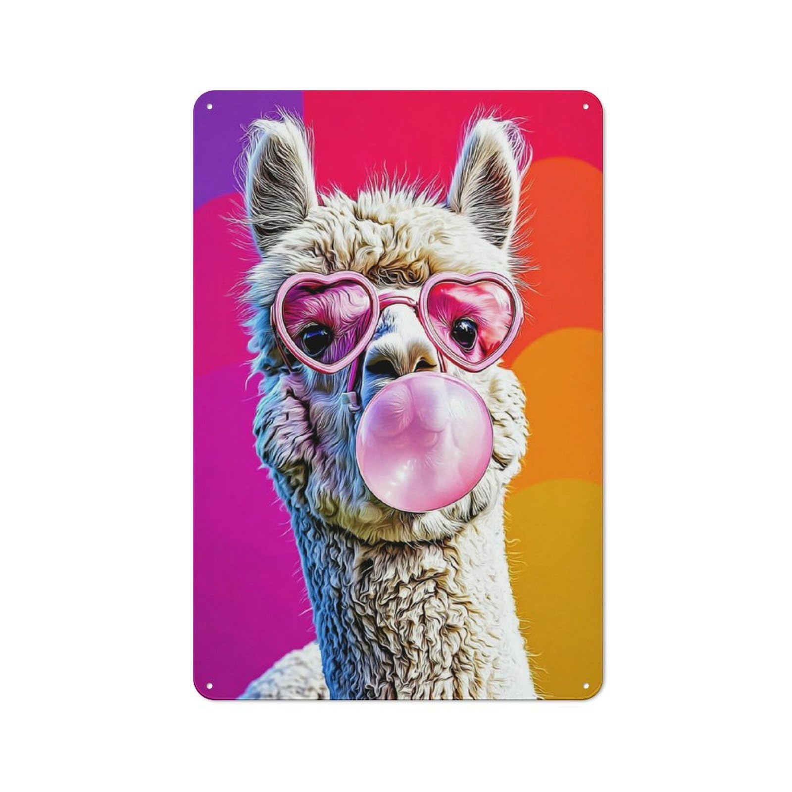 Junmoney Alpaca With Heart Glasses Blowing Bubble Gum 30X20cm Vintage Tin Sign With -2 For Hobby Room Or Studio, For Winter Interiors And Metal Sign Collectors