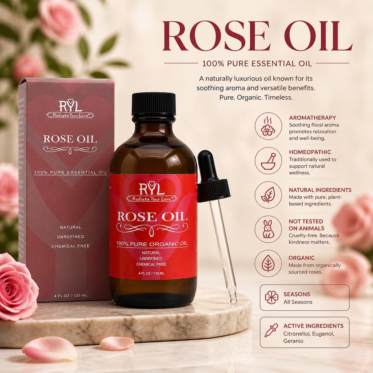 Aceite esencial de rosa 100% puro de grado terapéutico orgánico para aromaterapia, relajación, terapia de la piel, perfumes y difusores