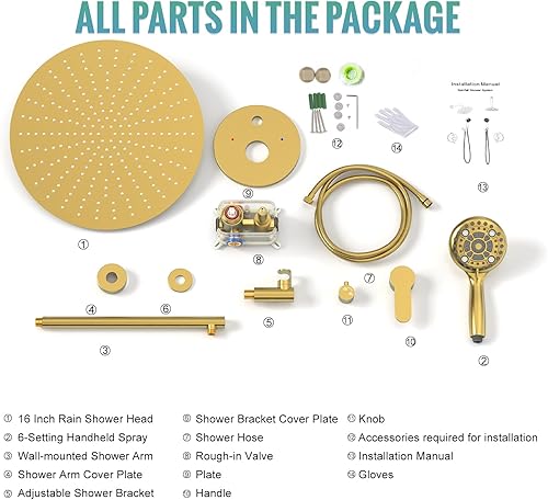Miniatura 6 de SR SUN RISE Sistema de ducha de cuerpo completo, juego de grifo de ducha de lluvia de 16 pulgadas con sistema de cabezal de ducha de lluvia de mano