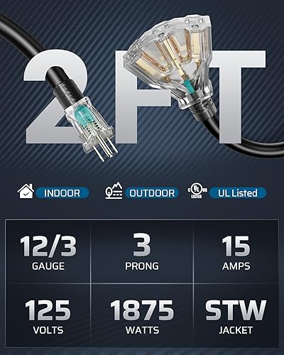 Miniatura 6 de DEWENWILS STW - Divisor de cable de extensión triple de calibre 123 de 2 pies para interiores y exteriores, cable de alimentación resistente de