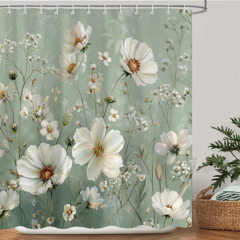 Sage Green Floral Shower Curtain, Boho Rustic Flower Plant Botanical Vintage Chic Bathroom Decor, Farmhouse Country Shower Curtains for Bathroom 72x78 Inch