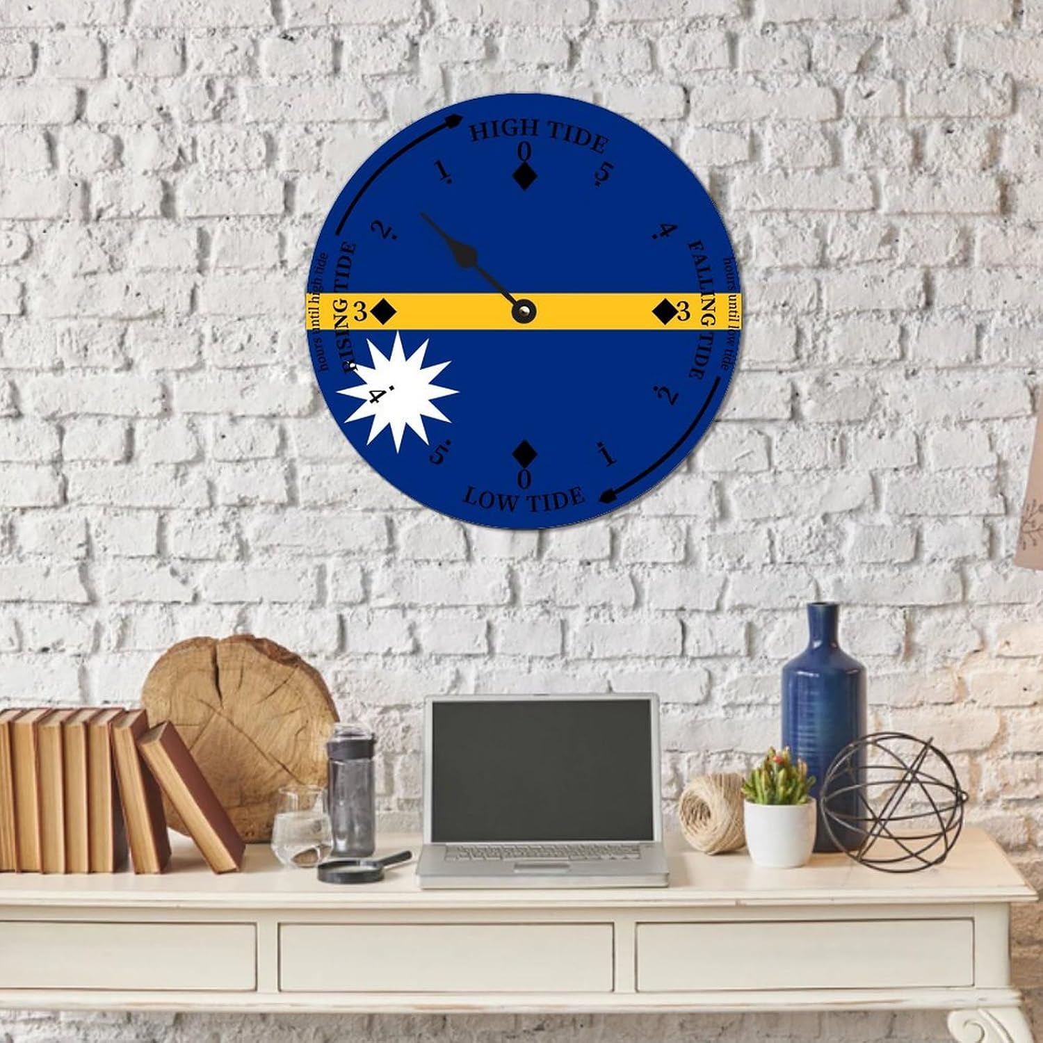 Nauru National Flag Tide Clock Nauru Wood Tidal Clock with High Tide Low Tide Battery Operated Clock 15x15 in Wall Hanging Tide Movement Clock for Beach House Cottage