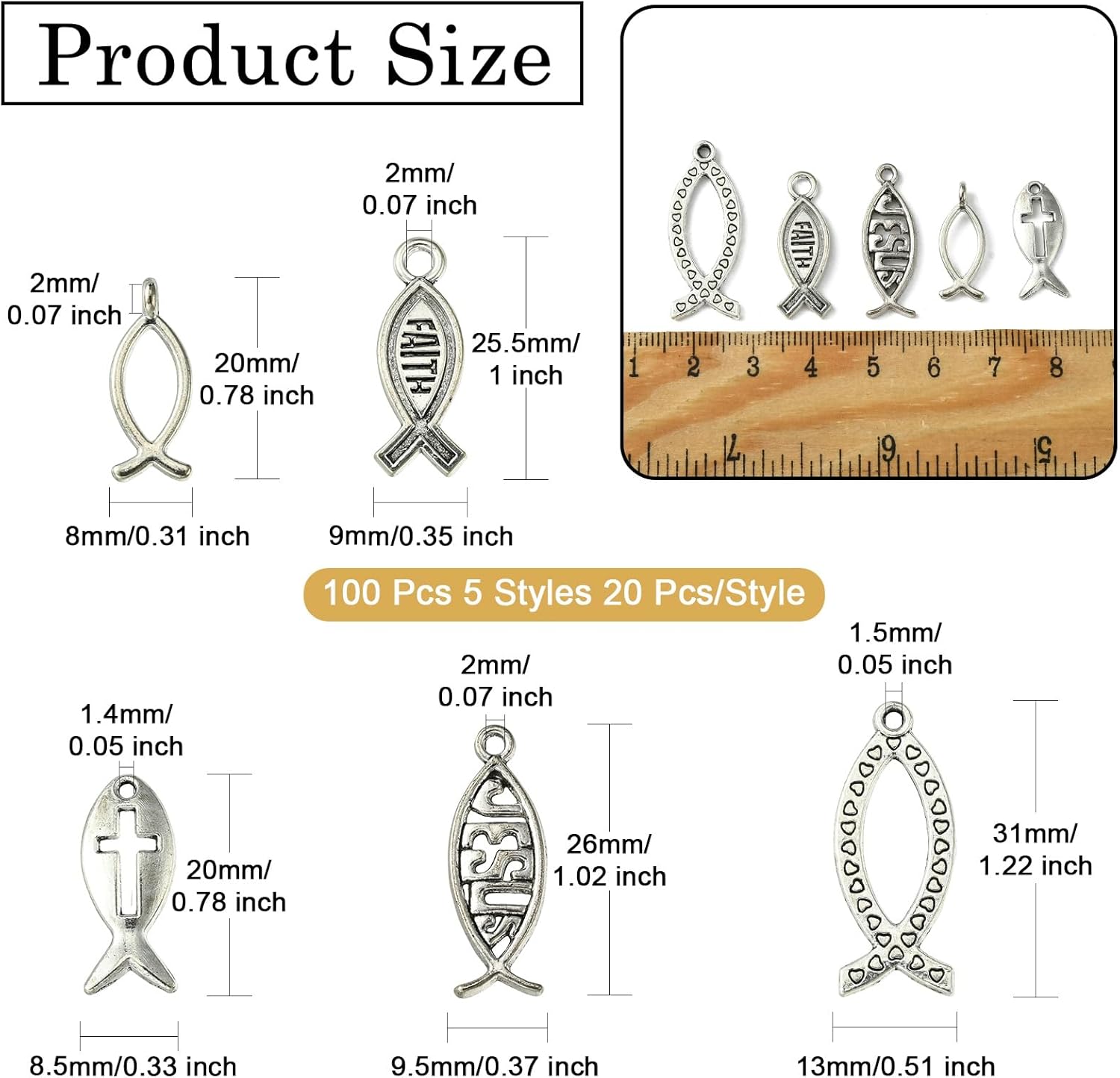 KitBeads 100Pcs 5 Styles Tibetan Jesus Fish Charms - Easter Christian Antique Silver Religious Charms for Jewelry Making Bulk - Image 2