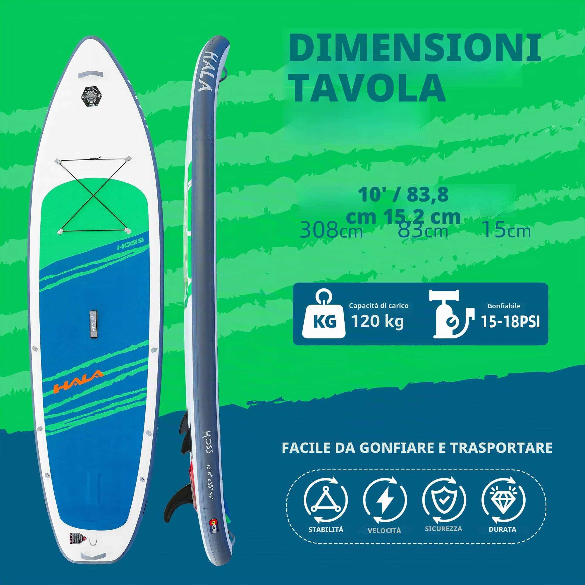Hala 10.10' Sup Gonfiabile Tavola con Sistema US FIN PRO, Design Tail Kicker