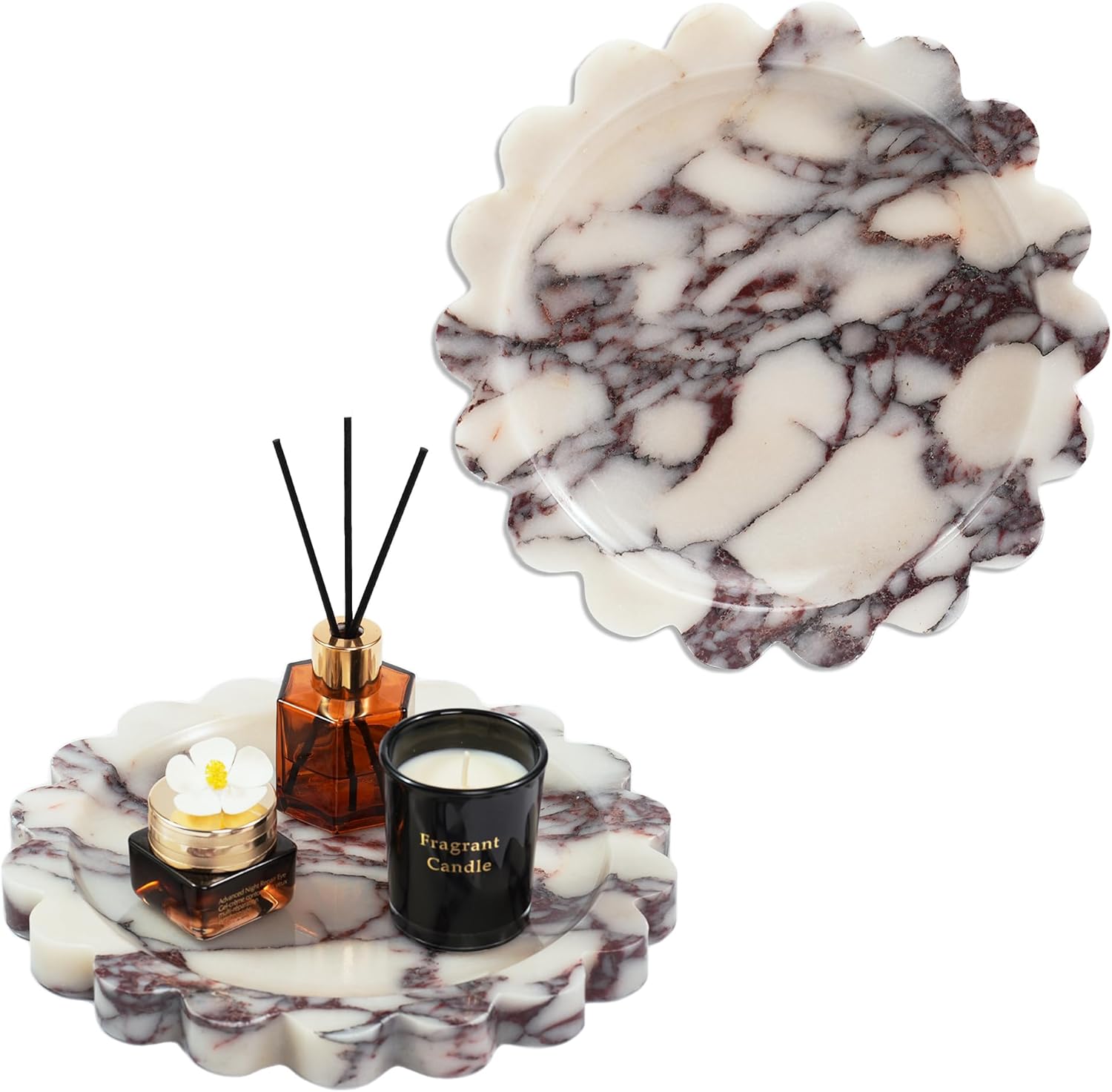 Scalloped Round Marble Tray - 9.9 Inch Violet Stone Decorative Perfume Trinket Jewelry Dish, Catchall Organizer for Bathroom Vanity Dresser Kitchen Countertop Home Decor