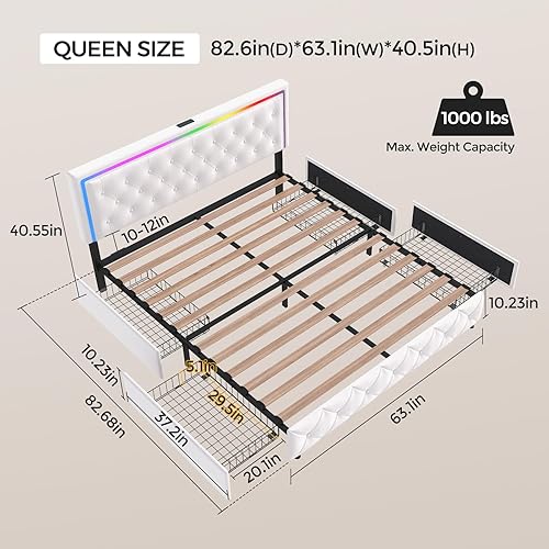 Miniatura 2 de Base de cama Queen con cabecera LED ajustable blanca, marco de cama tapizado de plataforma de metal con 4 cajones de almacenamiento debajo de la