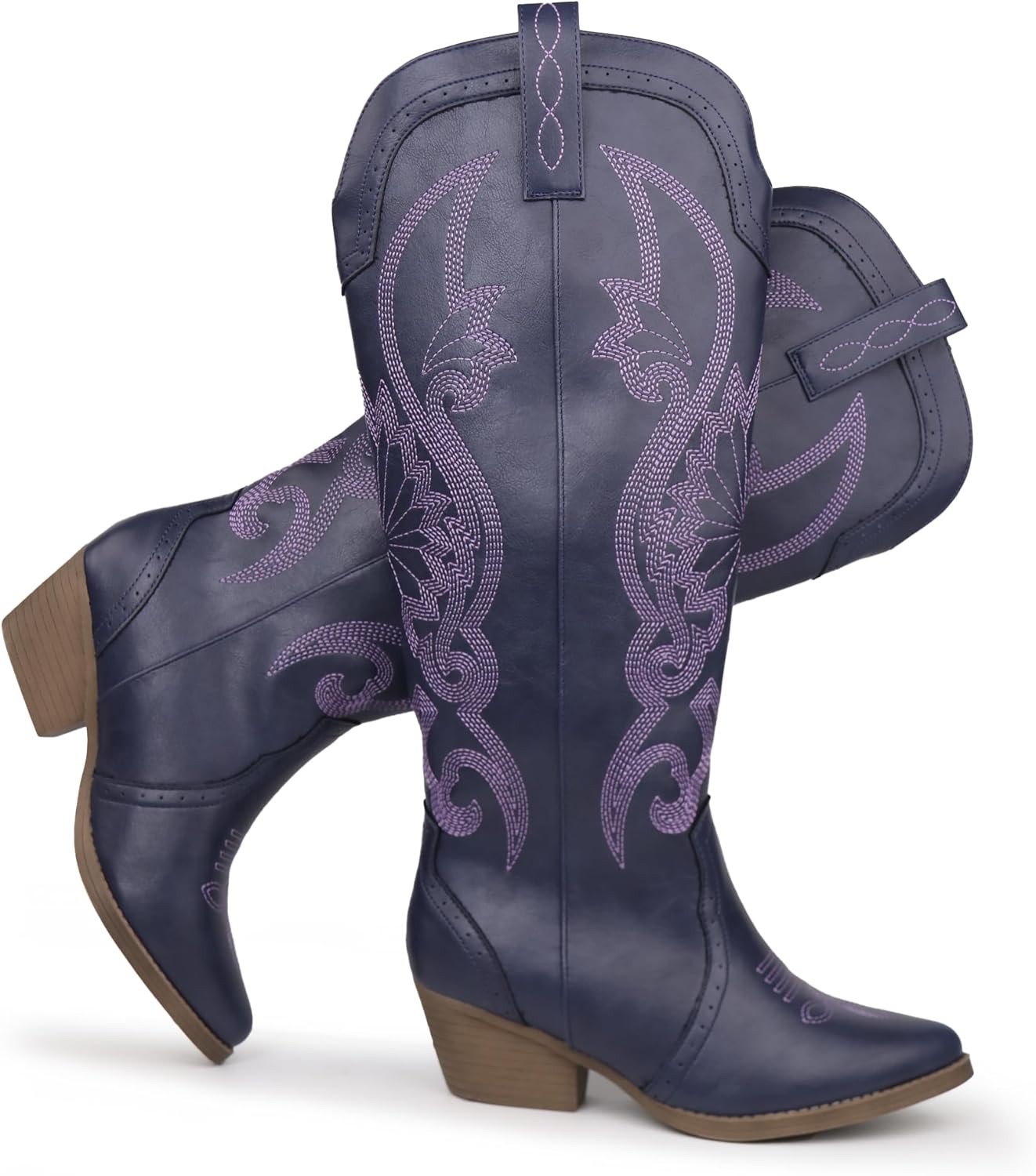 Hawkwell Women's Cowboy Cowgirl Boots Slip On Pointed Toe and Block Heel Shoes with Classic Embroidered Pull On Tall Boot for Ladies Dress Western Knee High Boots