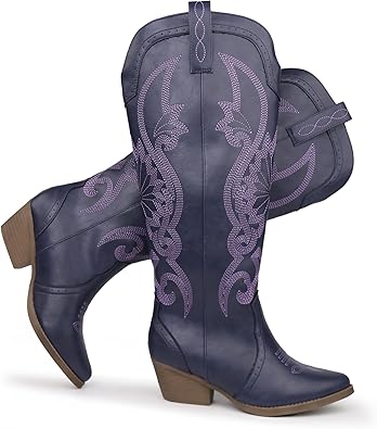 Hawkwell Womens Cowboy Cowgirl Boots Slip On Pointed Toe and Block Heel Shoes with Classic Embroidered Pull On Tall Boot for Ladies Dress Western Knee High Boots