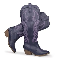 Hawkwell Womens Cowboy Cowgirl Boots Slip On Pointed Toe and Block Heel Shoes with Classic Embroidered Pull On