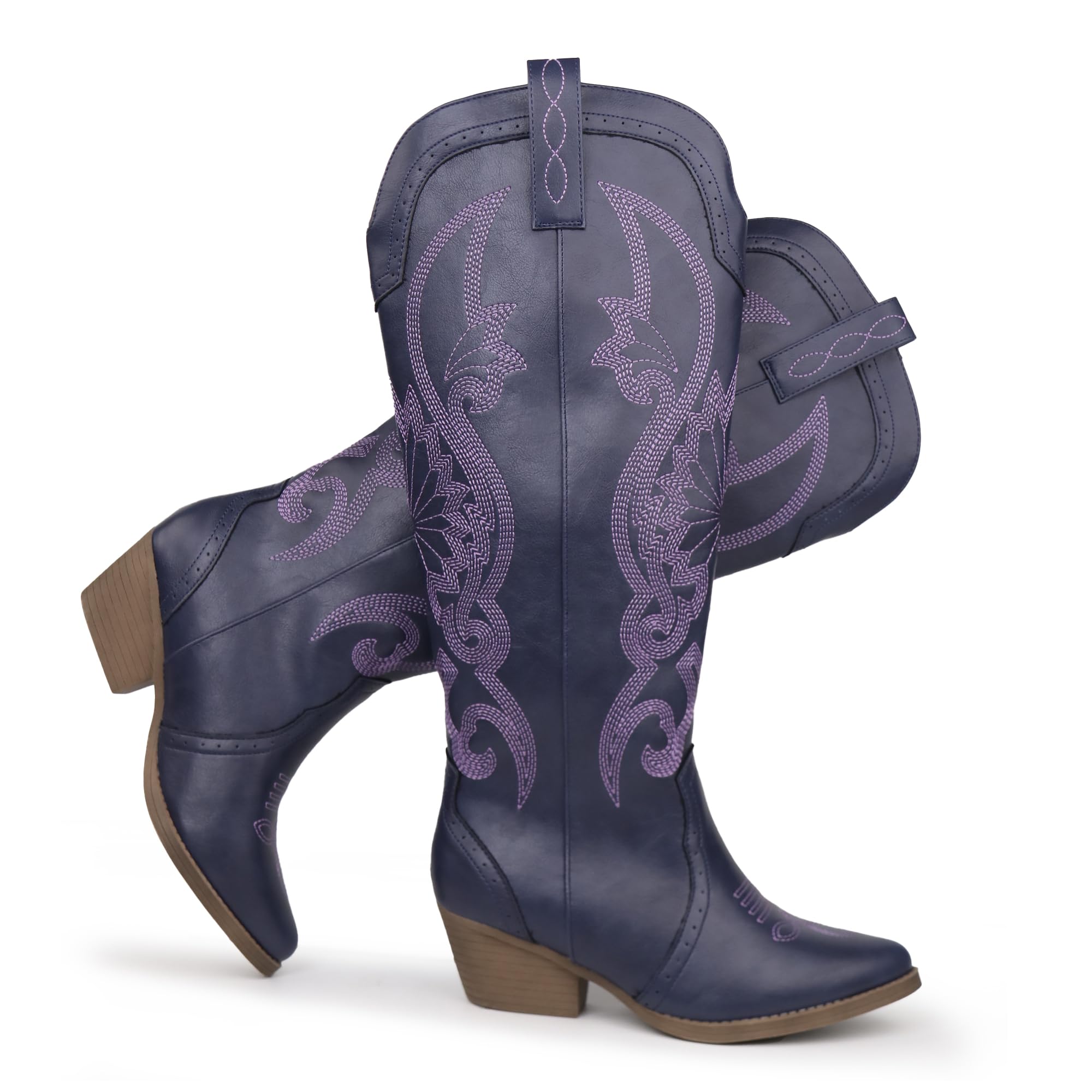 Hawkwell Damen-Cowboystiefel mit spitzer Zehenpartie und Blockabsatz, zum Hineinschlüpfen, kniehohe Westernstiefel