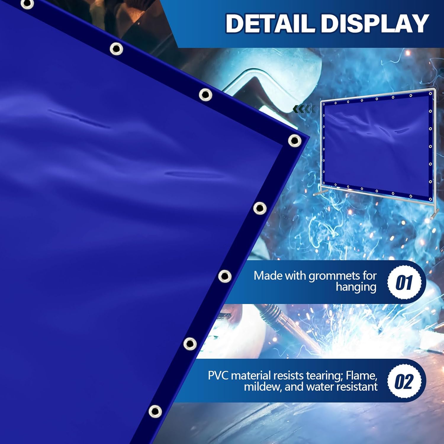 2 Pcs Welding Curtain Safety Blue Transparent Welding Screen with Fixed Belt for the Stand of 6 x 8ft Fireproof Resistant Insulation for Welding Arc Light UV and Blue Light Protection