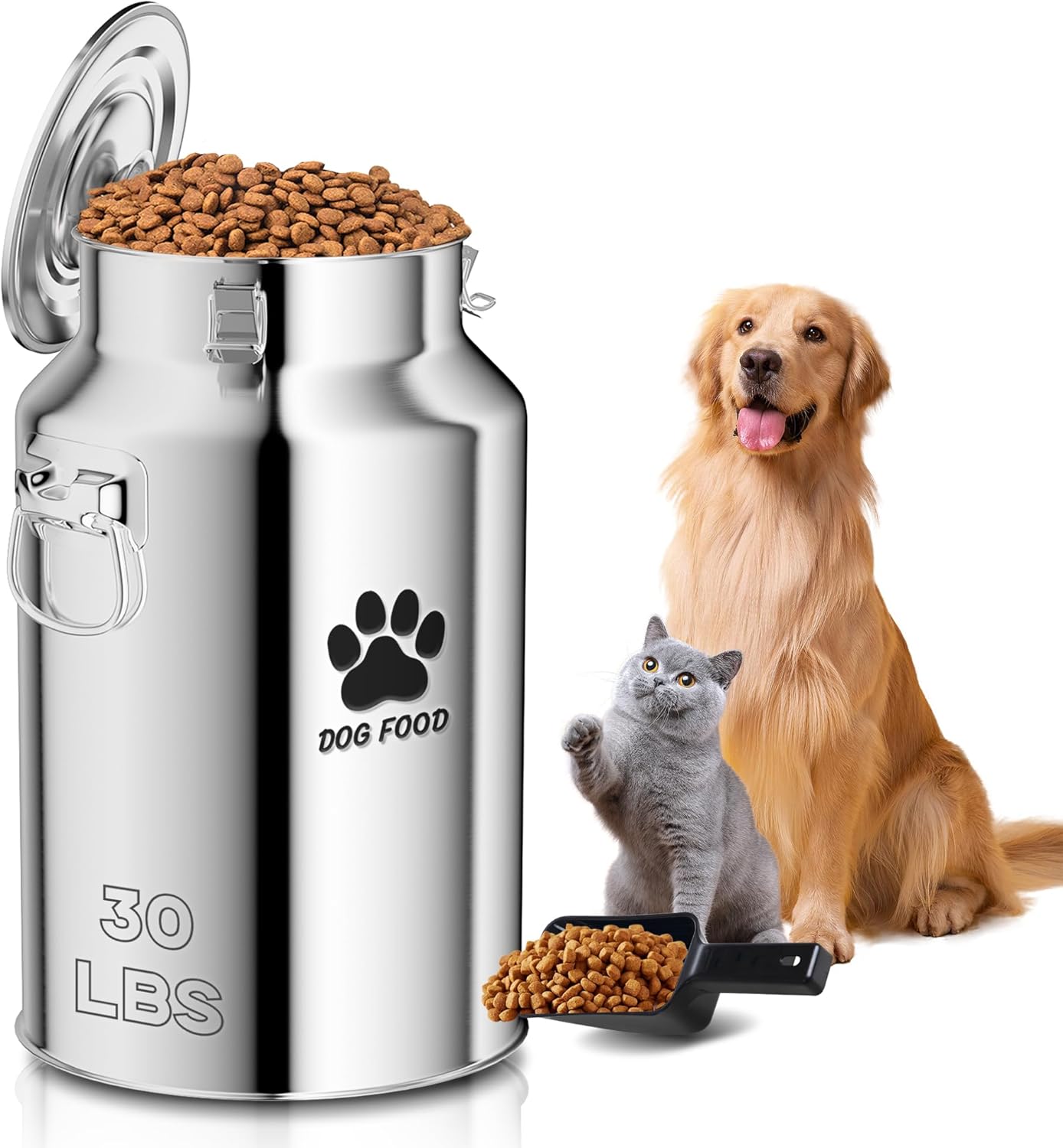 metal dog food storage container, 30lb dog food storage tank, multifunctional storage bin with sealed lid and spoon, pet food storage container for dogs and cats, keeping fresh and easy to clean