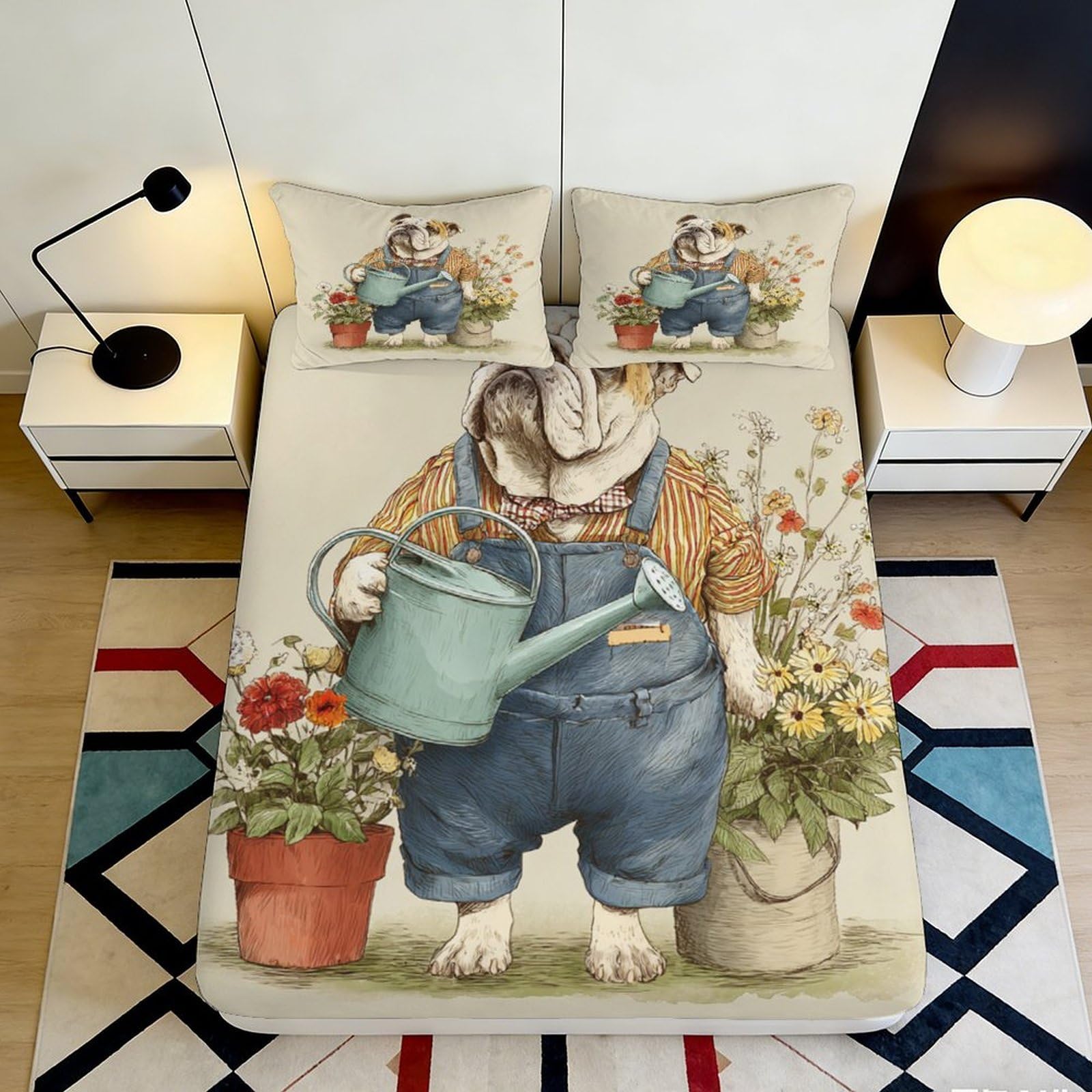 3D Printed Bulldog Gardening Fitted Sheet Microfiber Soft Breathable Floral Bed Cover for Bedroom Dormitory Guest Room Mattress Protection Decor 120x200x25cm