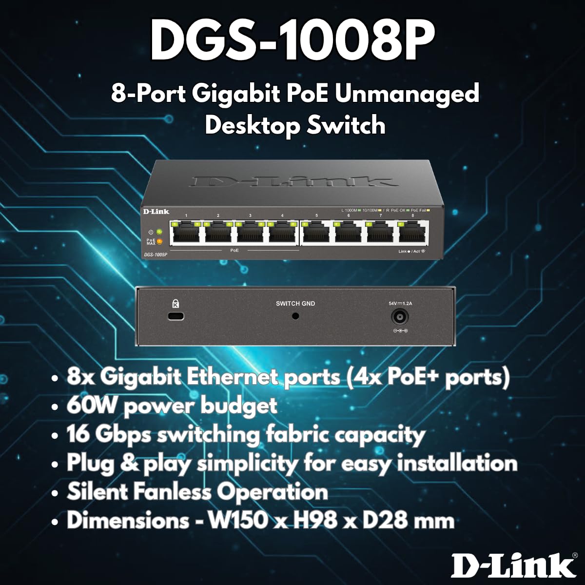 D-Link DGS-1008P 8-Port Gigabit Unmanaged Desktop PoE Switch, 80W Power Budget, Metall, Lüfterlos