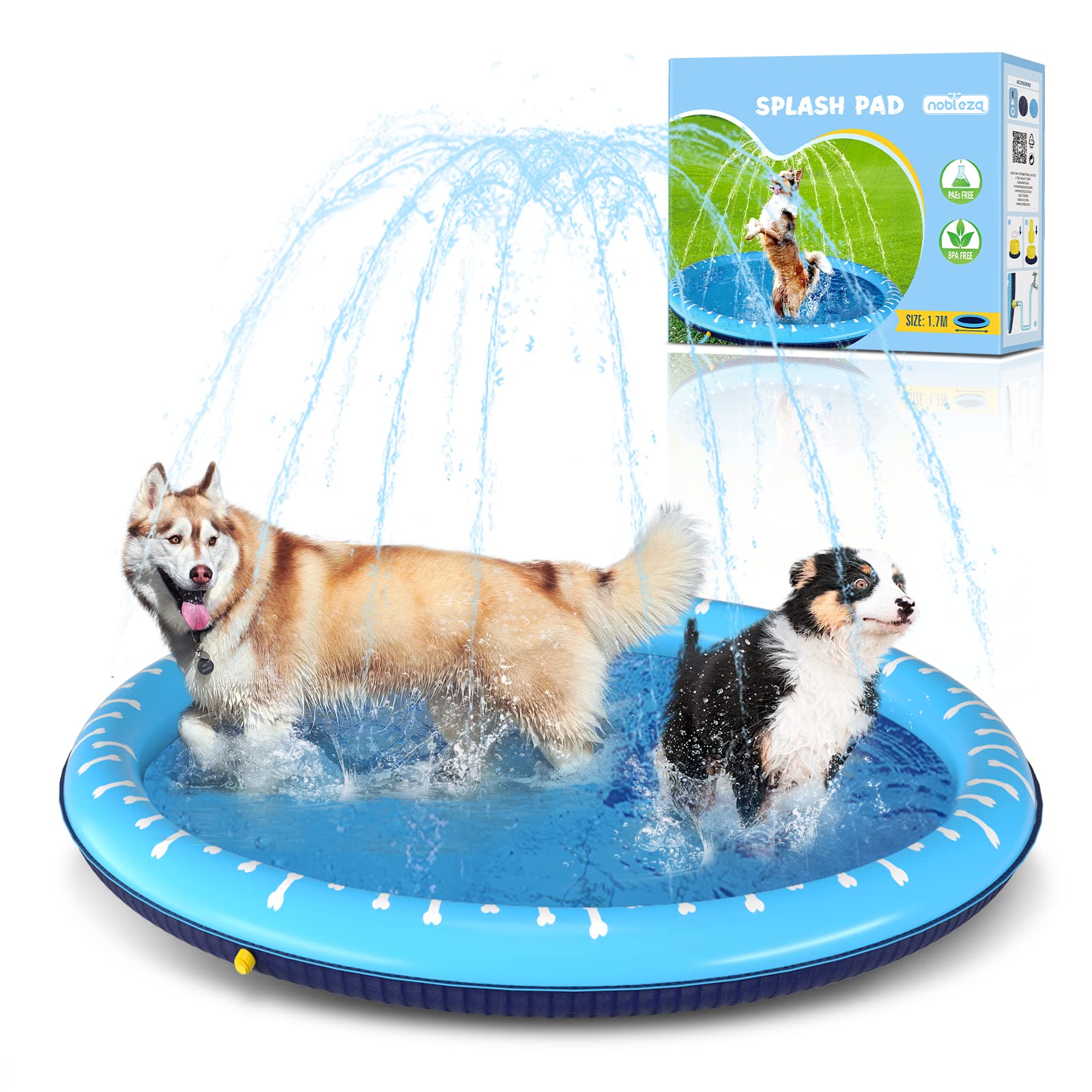 Nobleza Dog Paddling Pool, Large D170cm/66.9in Foldable Dog Pool, Thickened Paddling Pool for Dogs, Anti-Slip Doggy Pet Sprinkler Splash Pad, Durable Portable Outdoor Garden Water Play Mat Toy