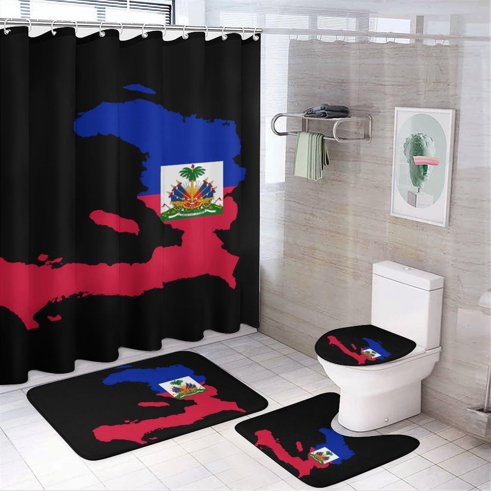 CGSBNGHA Flag Map of Haitians Shower Curtain Set 4 Piece Bathroom Sets with Rugs Toilet Lid Cover And U-Shaped Floor Mat