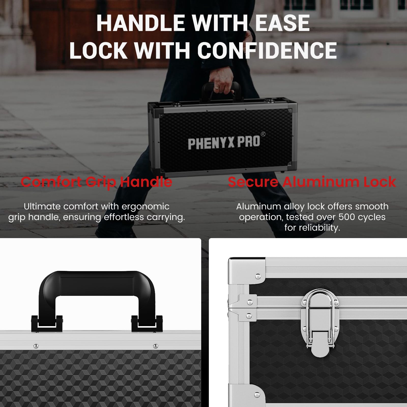 Phenyx Pro Estuche de almacenamiento para equipos, funda de transporte con espuma precortada personalizable, marco de aleación de aluminio, perfecto para sistemas de micrófono inalámbrico (PCSE-L)