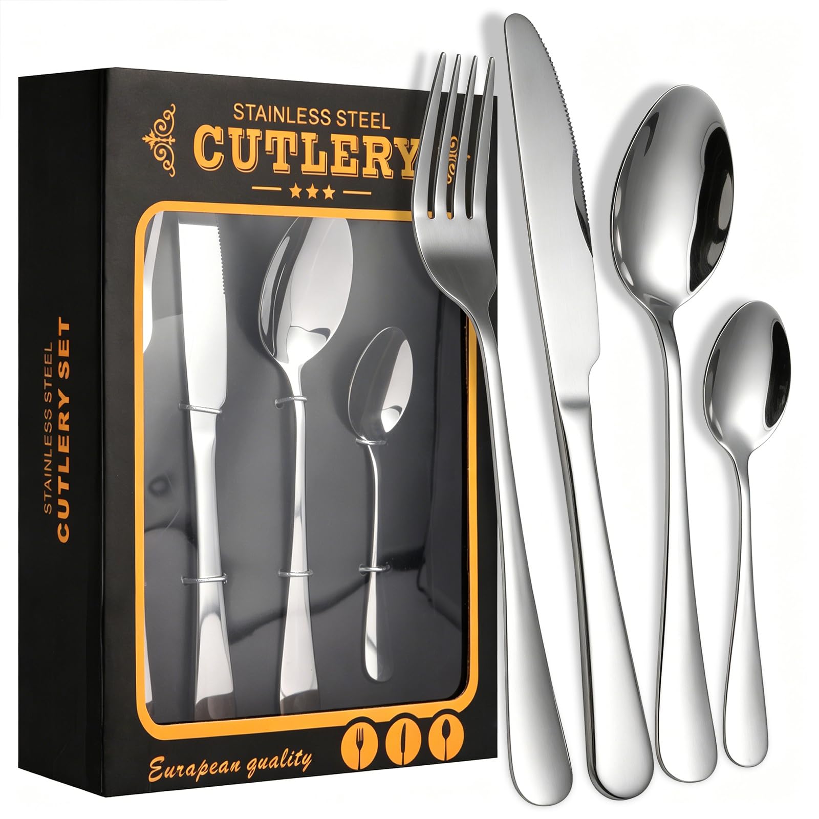 Hinotori 24 Piece Stainless Steel Cutlery Set with Gift Box, Service for 6, Dinner Knives, Forks, Spoons & Teaspoons, Mirror Polished Flatware Set for Home, Restaurant, Wedding & Dining - Silver