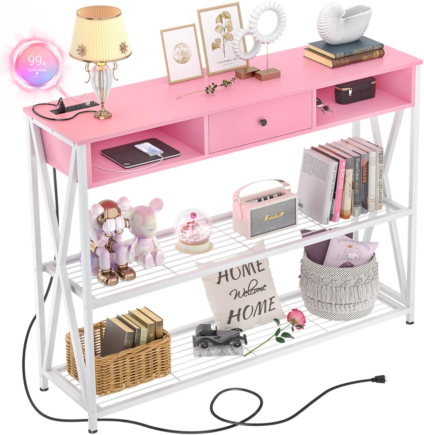 armocity Console Table with Outlets, Entryway Table for Entry, 47 Inch Sofa Table with Drawers, Long Hallway Table, Industrial Behind Couch Table for Entryway, Sofa Couch, Entrance, Hallway, Pink : Electronics