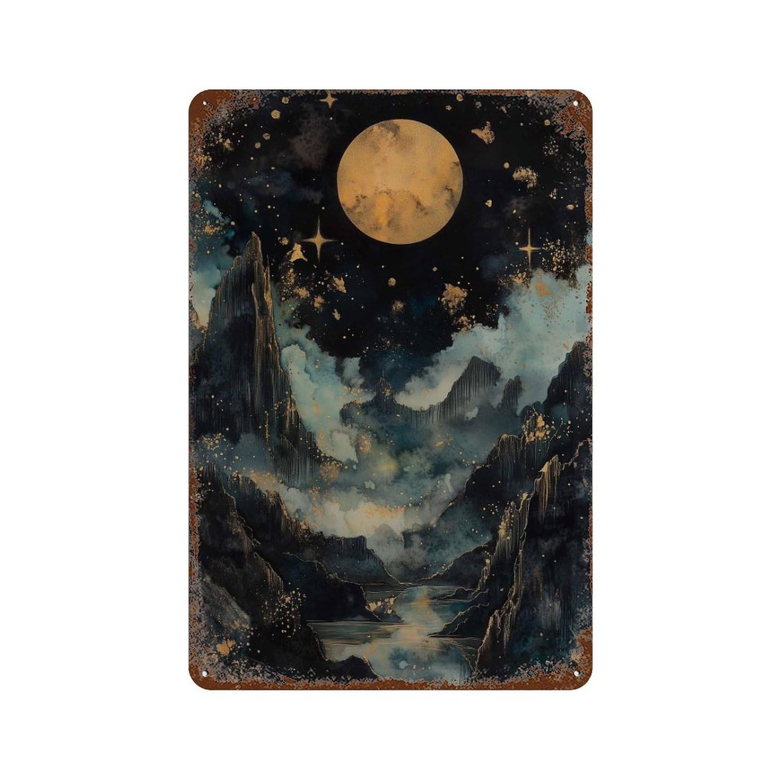 xiaoxiaoshen Golden Moon Nightscape Mystical Mountain Celestial Landscape Wall Decor Art Metal Tin Poster Modern Home Decor Art Home Bar Shop Decorations Vintage Sign 30x20cm