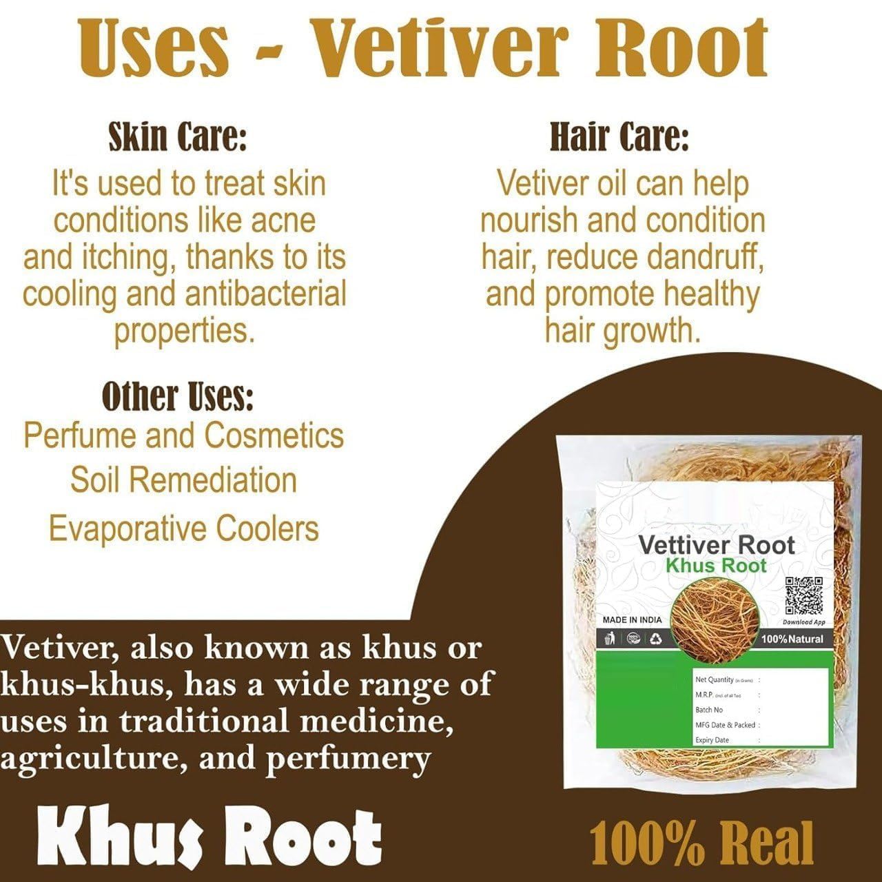 Vetiver Root 100g Khus Root Vetiveria Zizanioides Vala Kas Ramacham Vetiver for Hair Growth Healthy Skin (Pack of 1 X 100g)