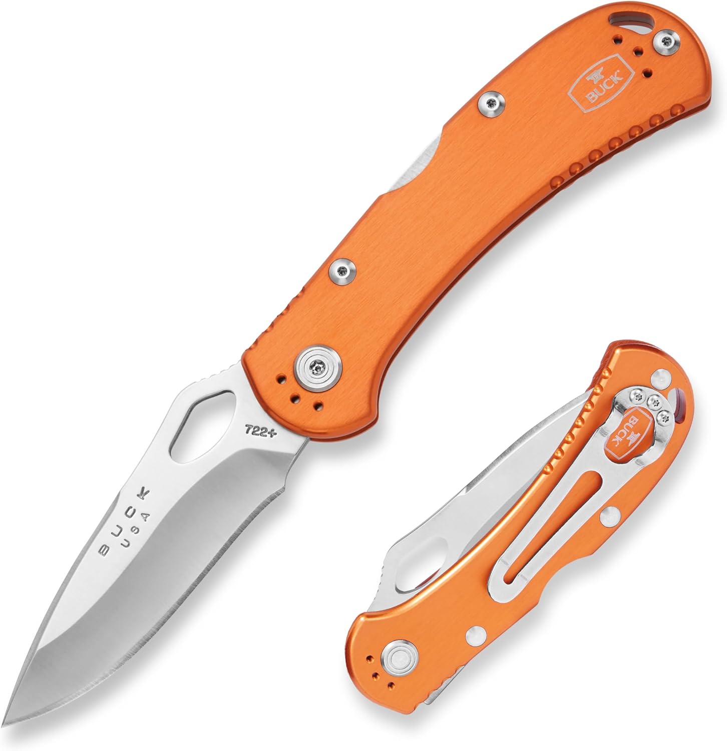 Buck Knives 722 Spitfire Folding EDC Knife, 3-1/4” Pocket Knife Blade, Lockback Design, Aluminum Handles, 420HC Stainless Steel Drop Point Folding Blade, Made in the USA, Orange, 3.2 oz
